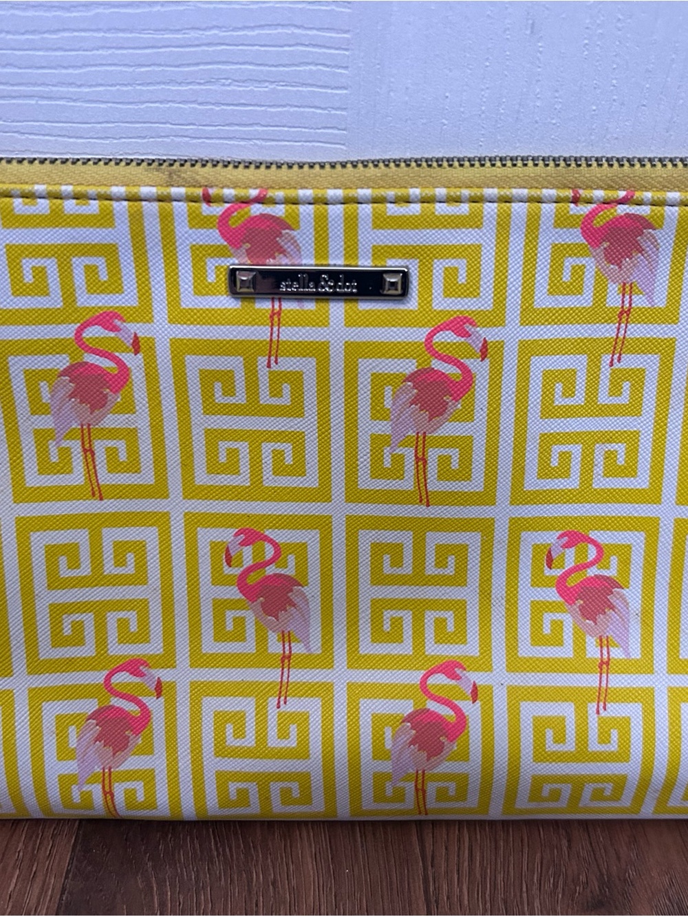 Stella & Dot Yellow Flamingo Print Cosmetic Pouch